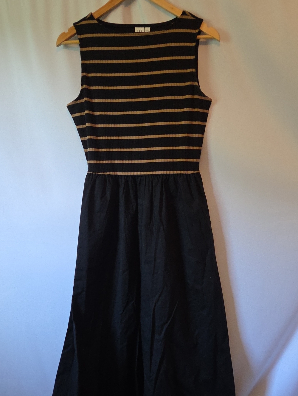 GAP Sleeveless Boatneck Black Midi Dress with Gold Striped Ribbed Bodice
